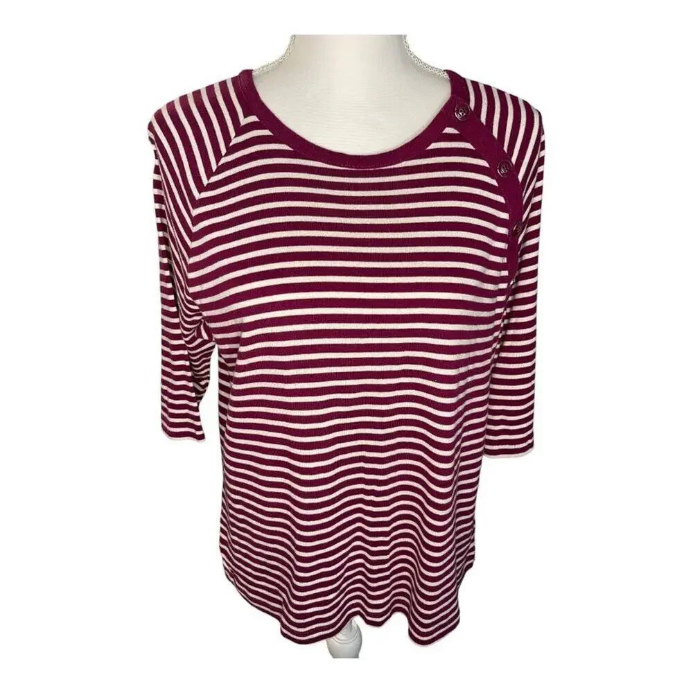 CHAPS‎ Ralph Lauren Women’s XL Burgundy Red Striped 3/4 Sleeve Top